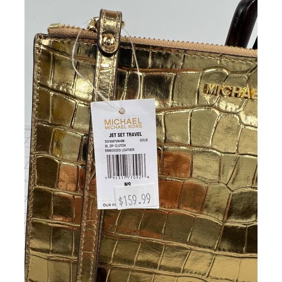 Michael Kors Gold Jet Set Travel XL Leather Clutch New NWT Wristlet w/Strap - Picture 3 of 7